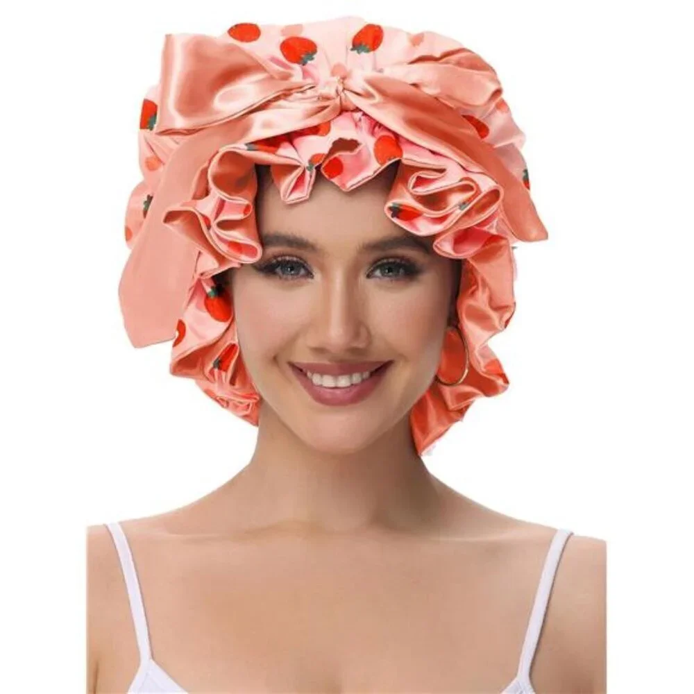 Strawberry Satin Sleep Bonnet – Adjustable Ruffle Cap with Oversized Bow